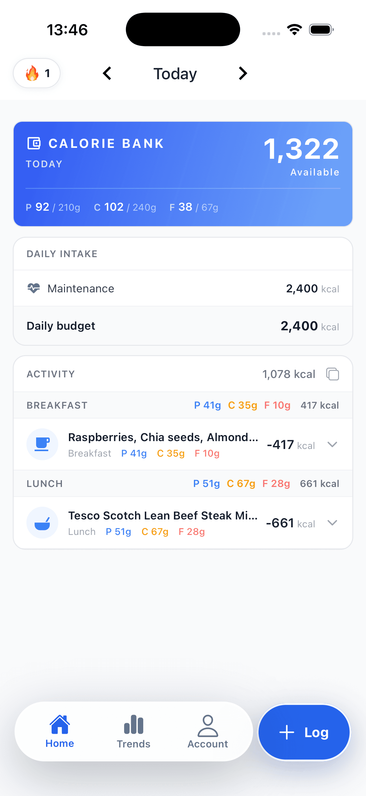 Calorie Bank Screen